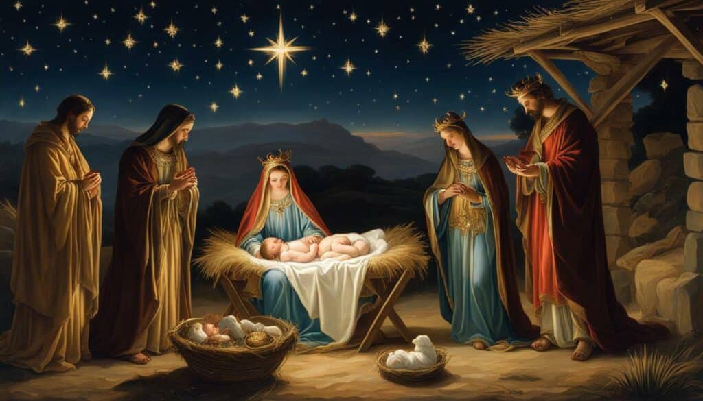 The three wise men bowing before baby jesus