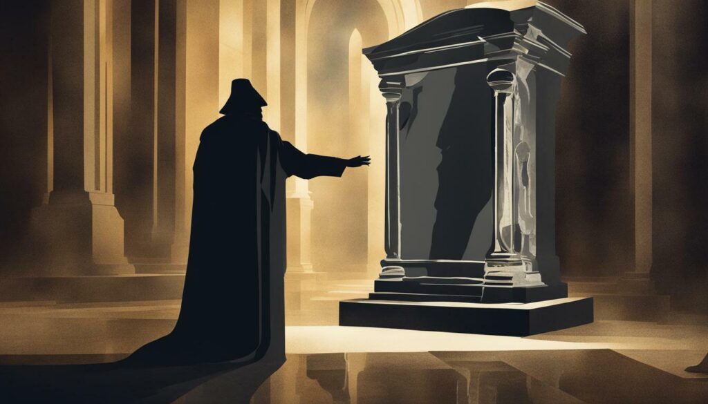  A cloaked figure stands in front of a large stone altar, with their hand outstretched towards it. The image represents the search query 'Limitations of Astrology'.
