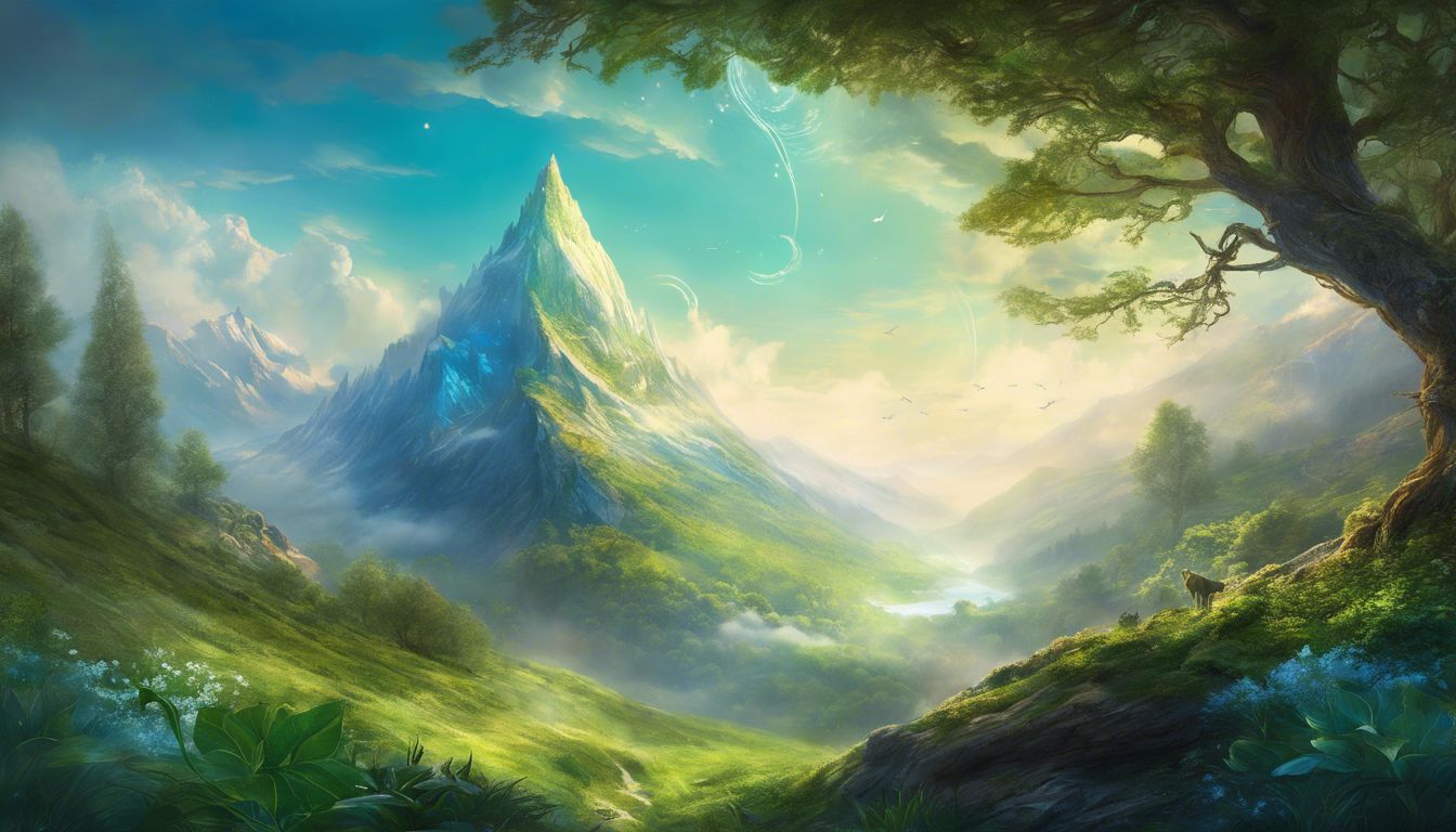 A serene mountain landscape with rich green foliage and diverse wildlife.