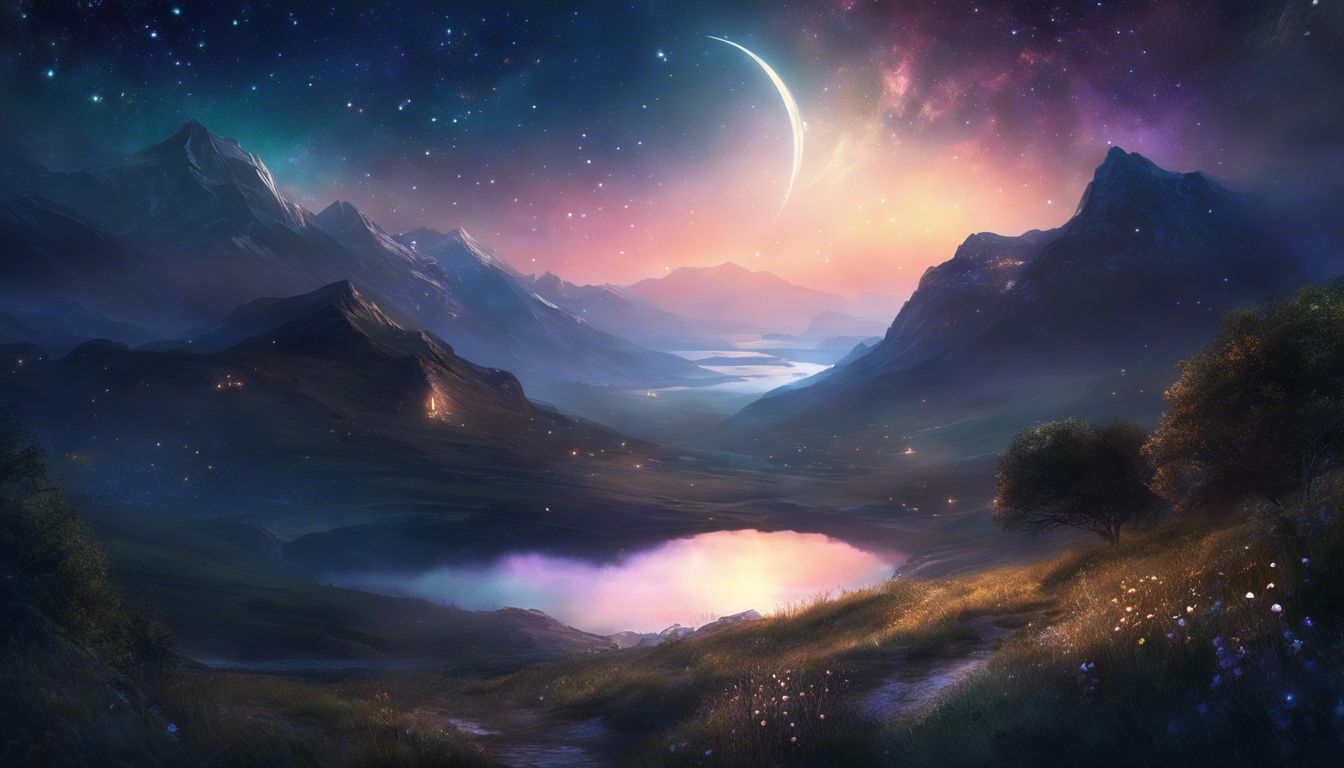 A serene night sky with stars, crescent moon, and vast landscape.