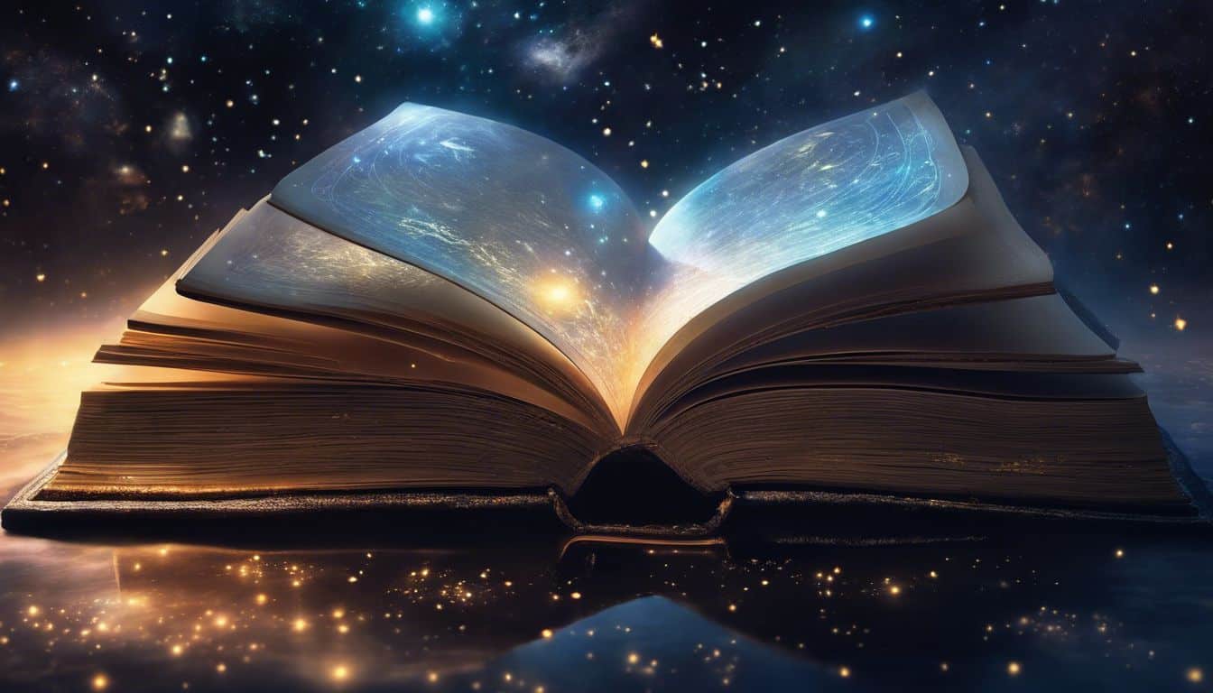 An open ancient astrology book under a starry night sky.