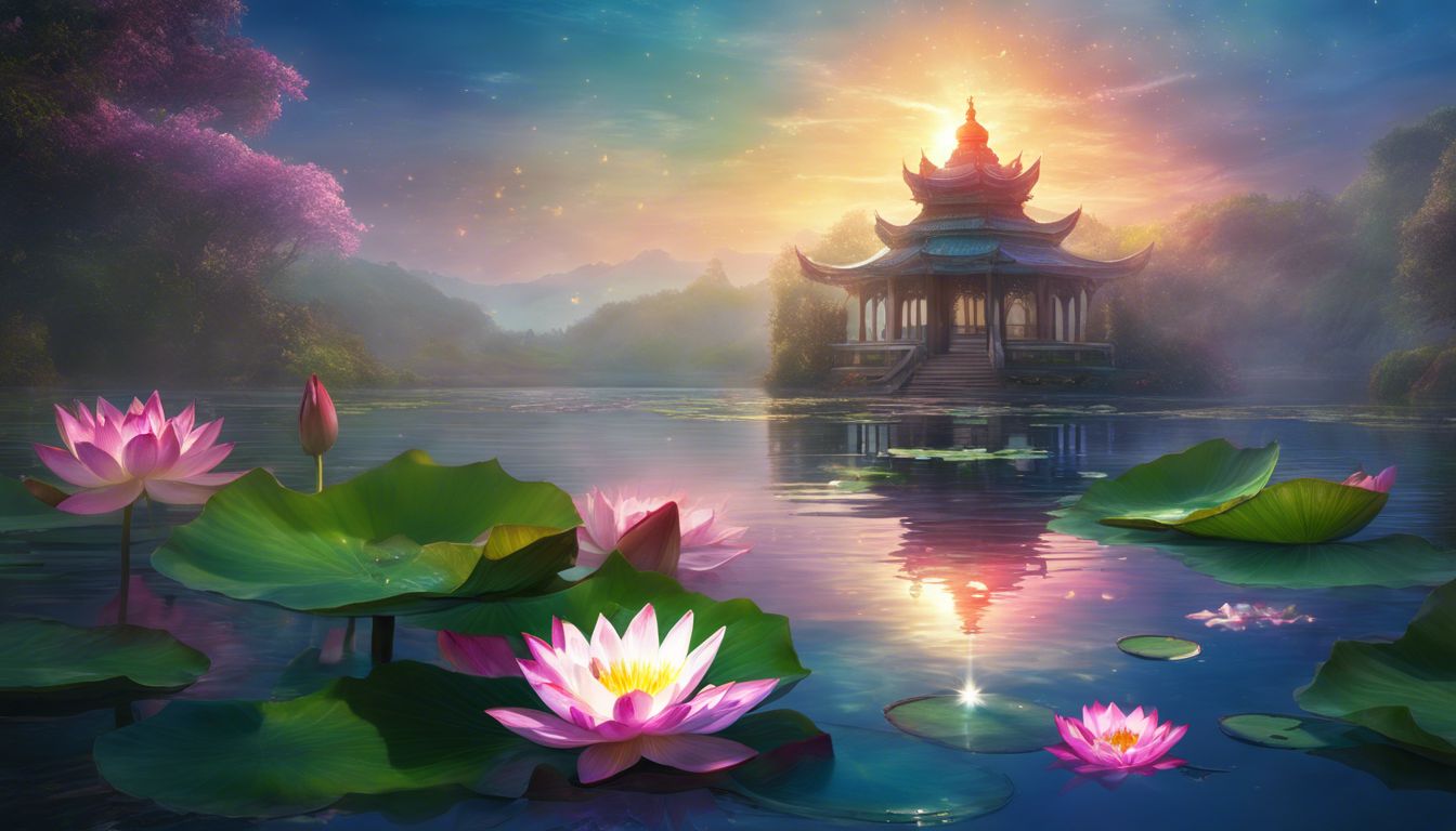 A blooming lotus flower in a serene pond with lily pads.