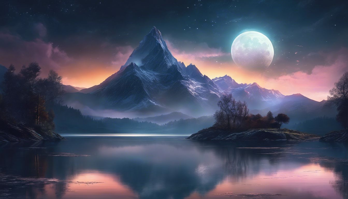 A serene night landscape with a full moon reflecting on a lake.