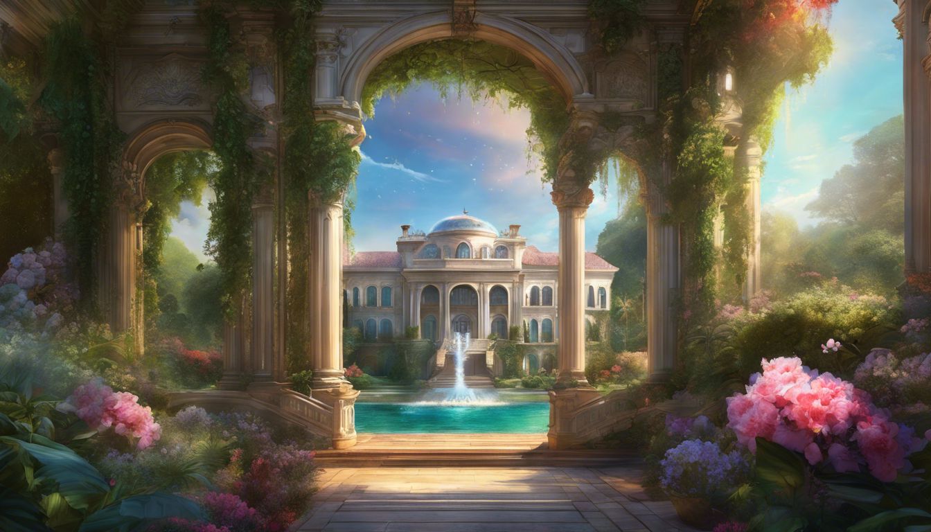 An opulent mansion surrounded by lush gardens and vibrant flowers.