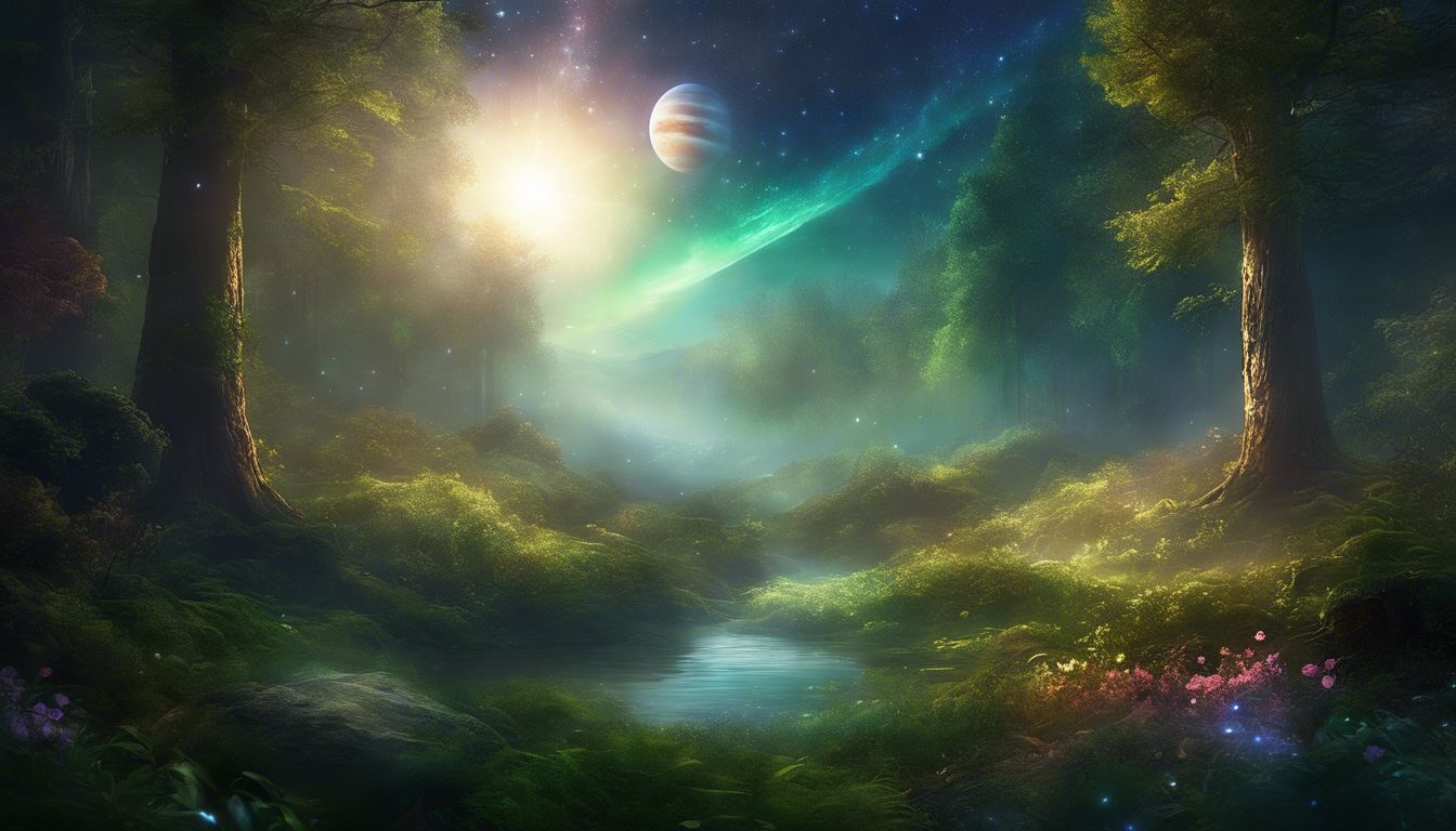 Celestial event in tranquil forest with lush greenery.