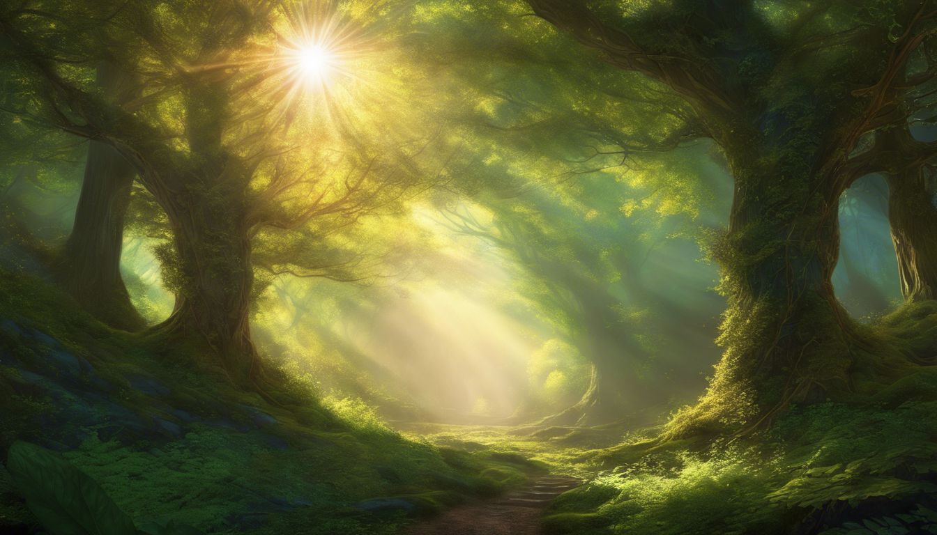 A serene forest with sunlight streaming through the trees.