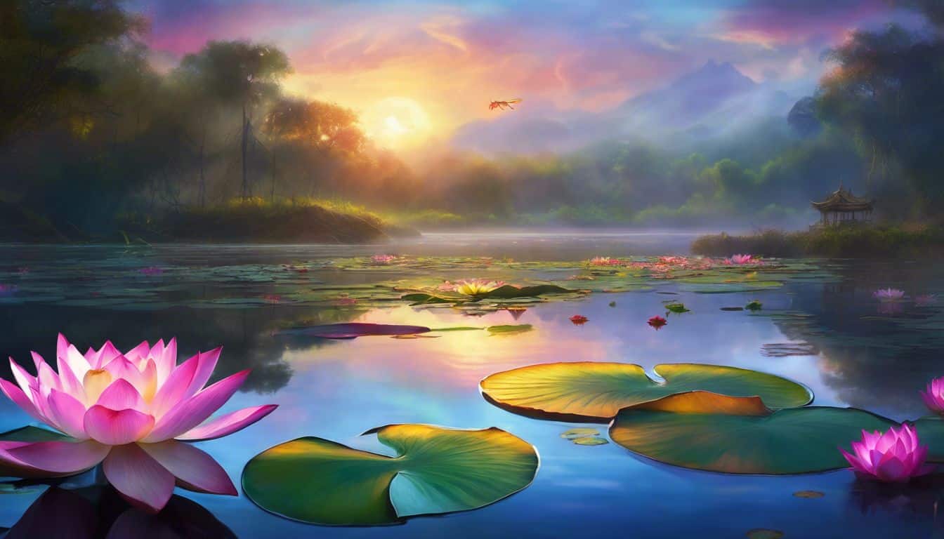 A blooming lotus in a serene pond with lily pads and dragonflies.