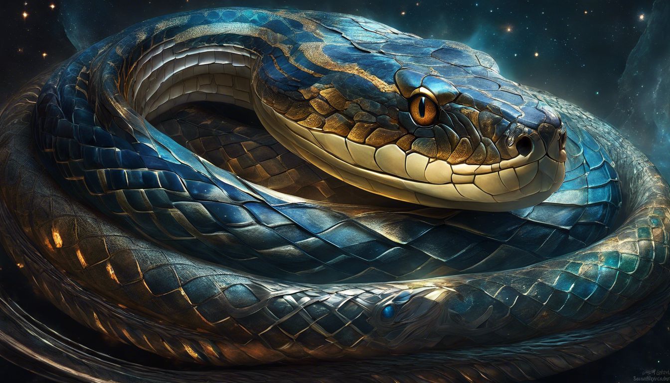 A coiled snake surrounded by celestial and mystical symbols.