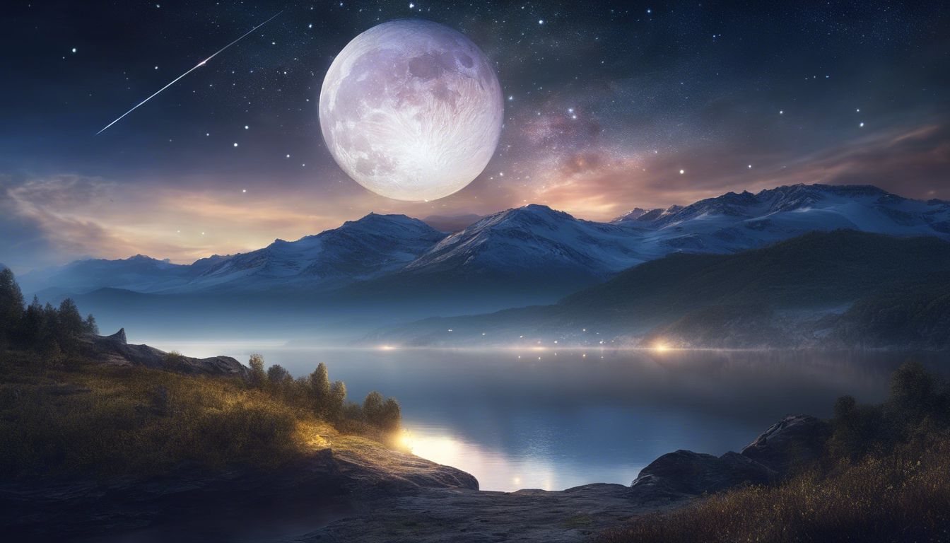 A serene night landscape featuring the moon, jupiter, and stars.