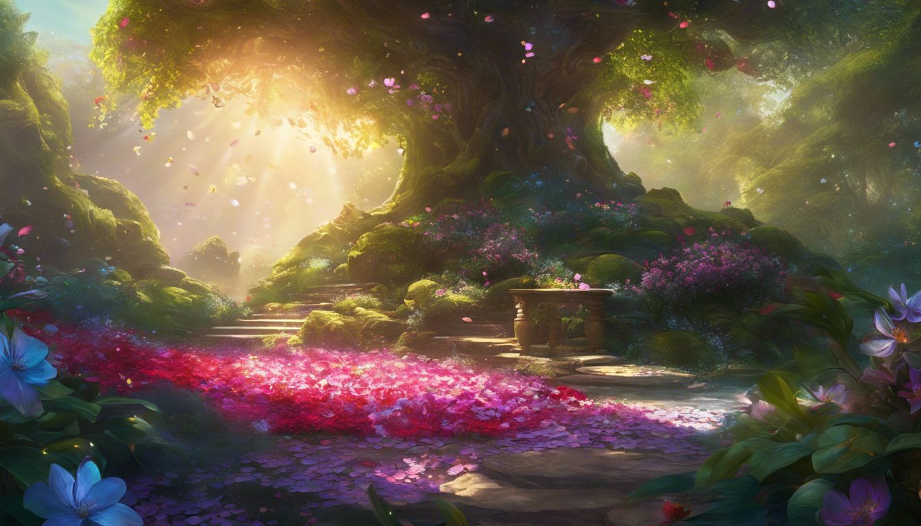 A garden with blooming flowers and scattered glistening coins.