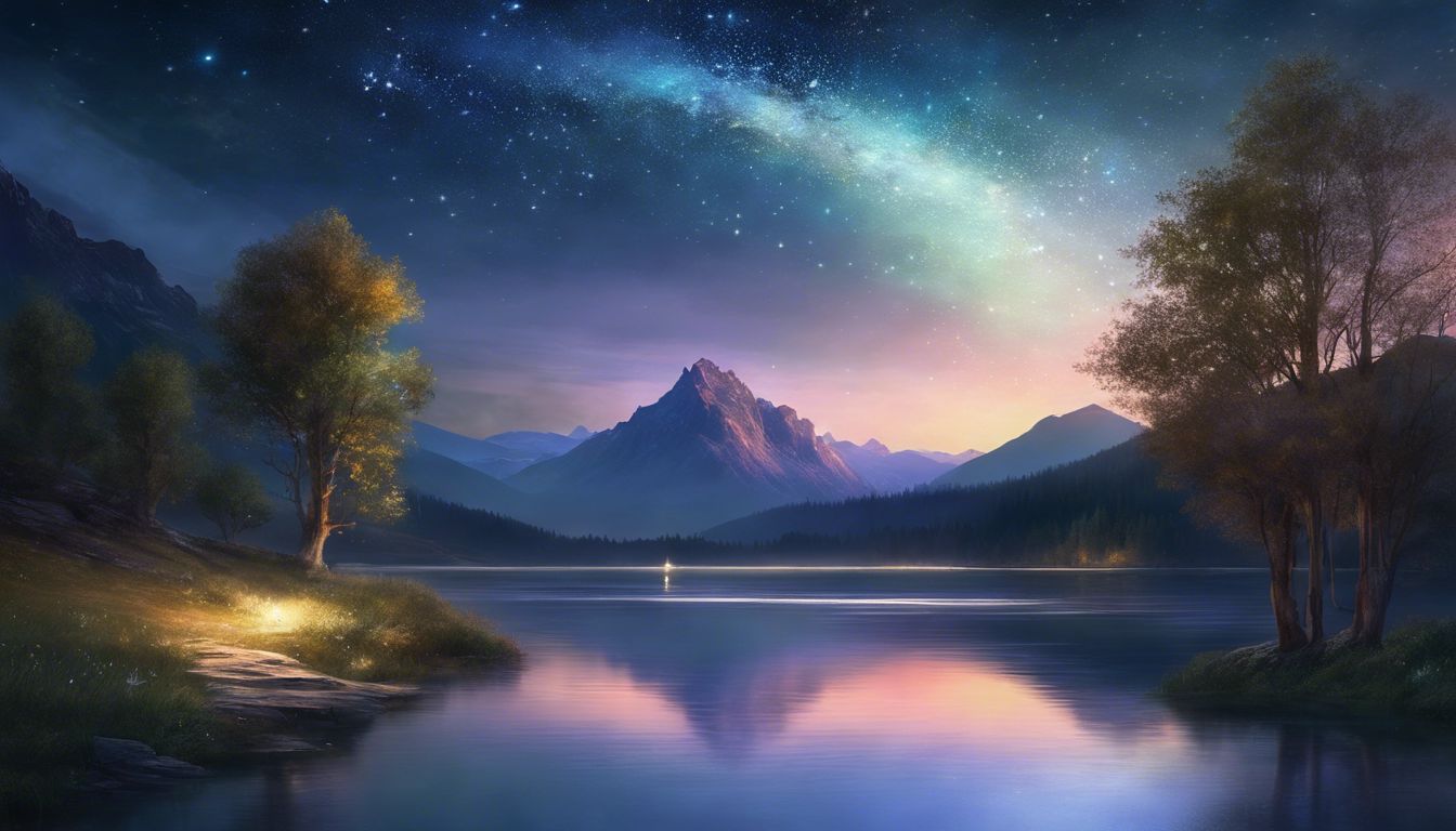 A peaceful night landscape with a tranquil lake and starry sky.